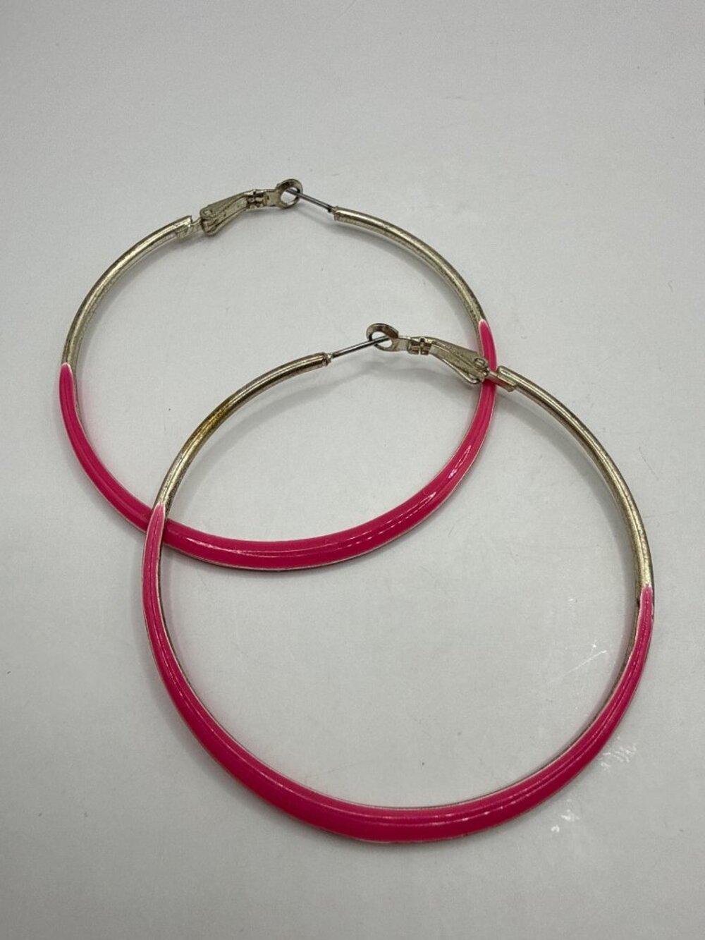 Large Pink & Silver Enamel Hoop Earrings Chic Neon Statement Jewelry